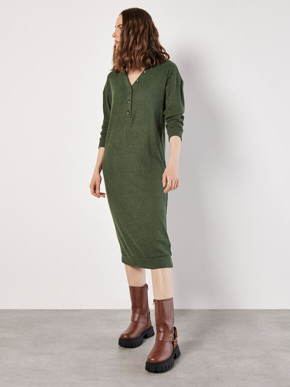 Ribbed Knit Midi Dress, Green, large