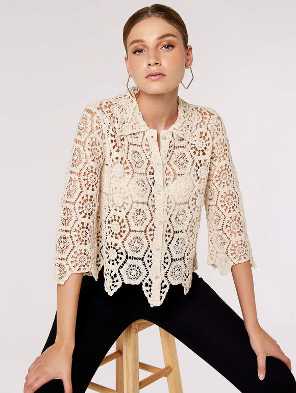 Crochet Geometric Shirt, Stone, large