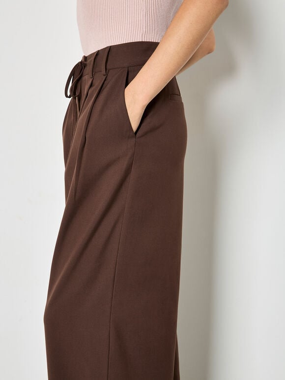 Pleat Detail Wide-Leg Trousers, Brown, large