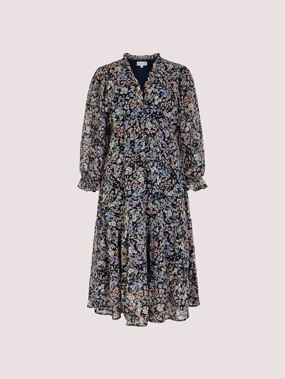 Ditsy Ruffle Chiffon Dress, Navy, large