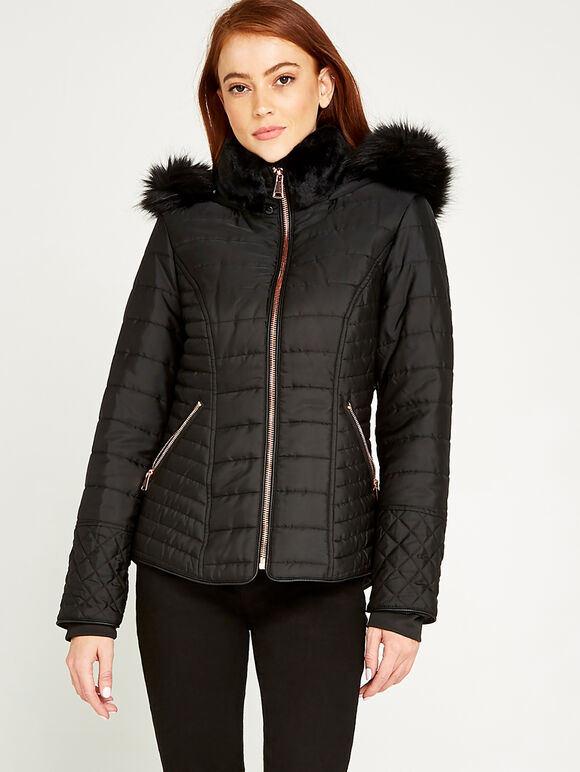 Fur Trim Puffer Jacket, Black, large