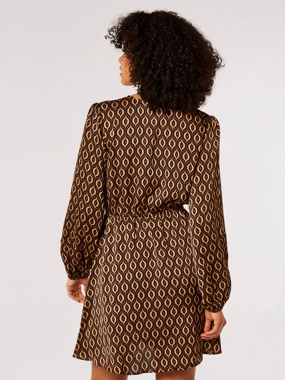 Geometric Satin Wrap Mini Dress, Brown, large