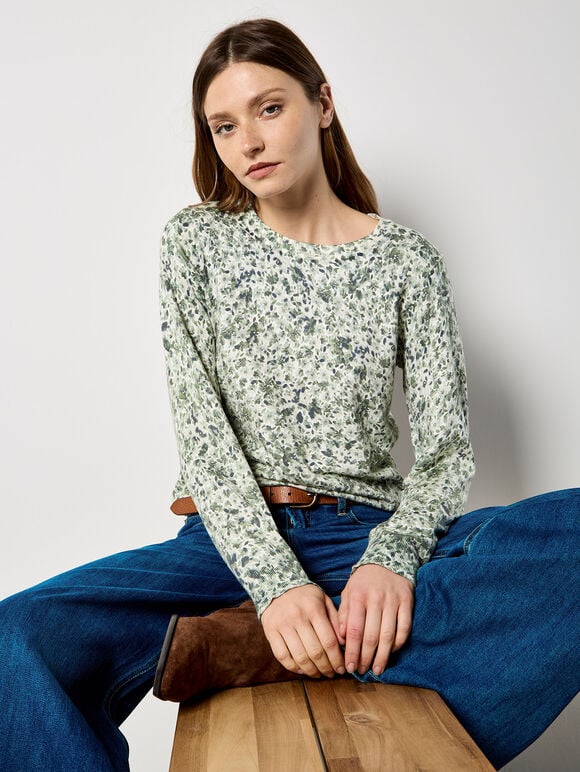 Fine Knit Silhouette Floral Jumper, Mint, large