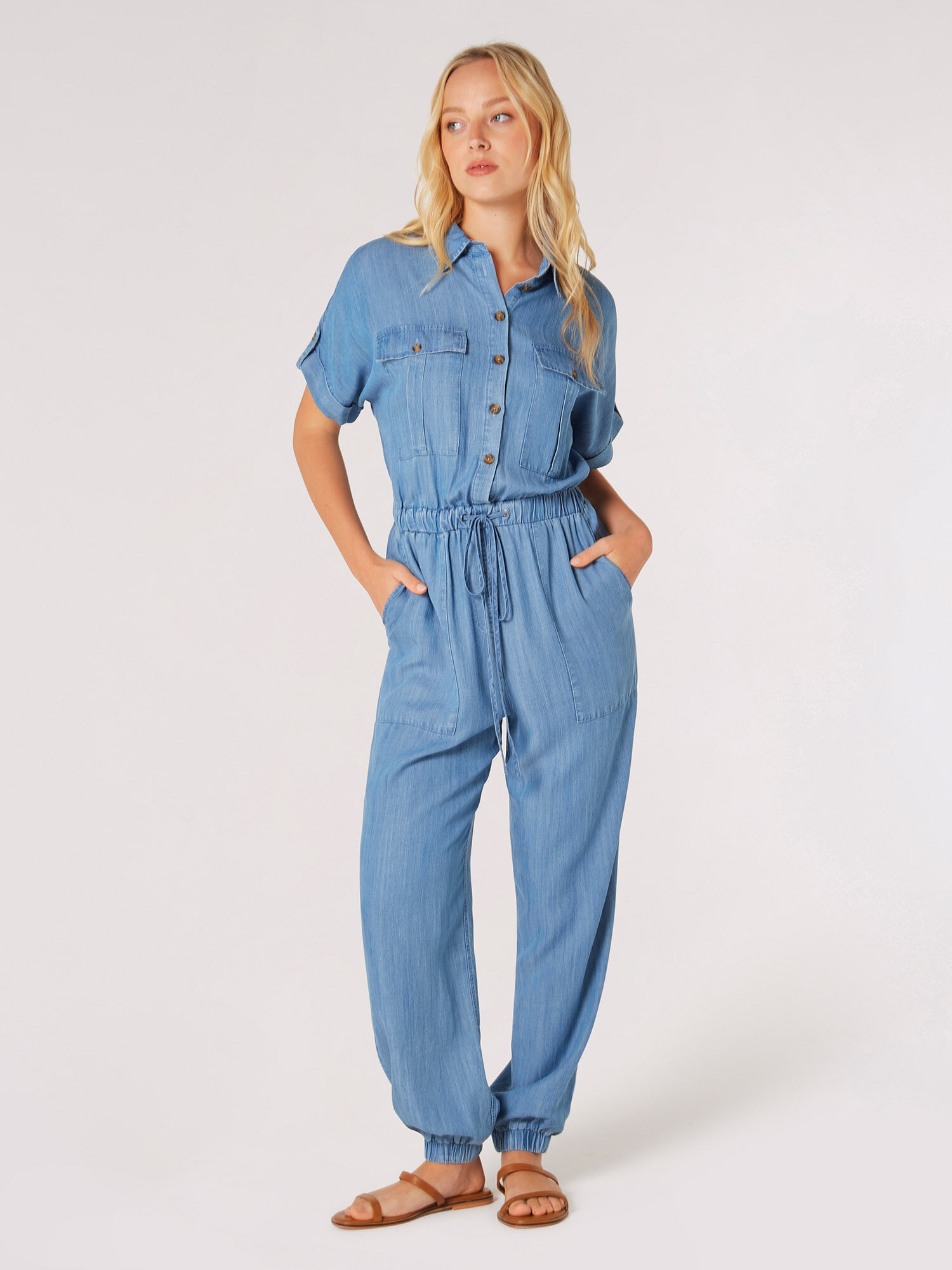 Mid Wash Denim Utility Jumpsuit Apricot Clothing