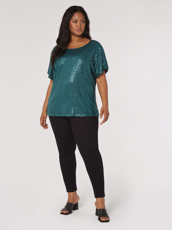 Curve Sequins Shimmer Top, Green, large