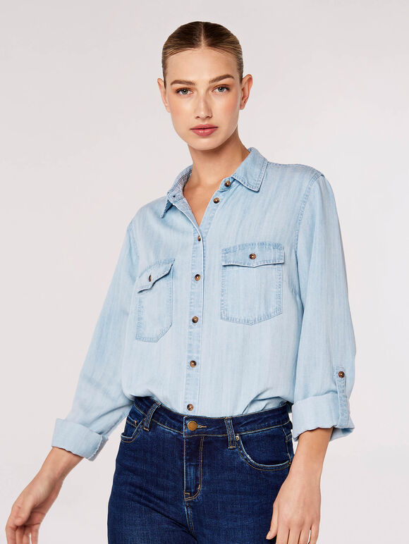 Button Down Denim Shirt, Sky Blue, large