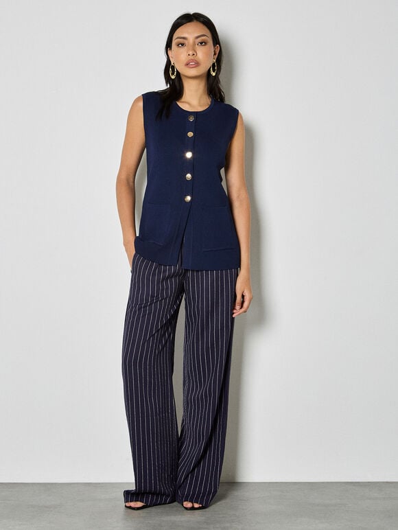 Ribbed Knit Waistcoat, Navy, large