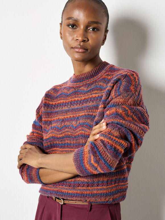 Pointelle Knit Stripe Jumper, Orange, large