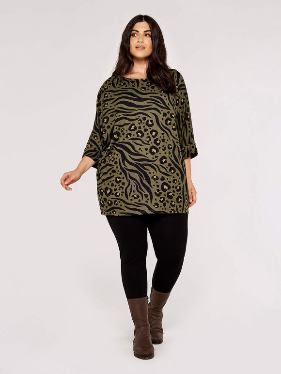 Curve Animal Print Batwing Top, Khaki, large