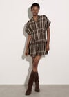 Pintuck Pleat Check Mini Dress, Brown, large