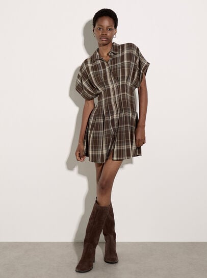 Pintuck Pleat Check Mini Dress