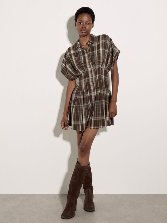 Pintuck Pleat Check Mini Dress, Brown, large