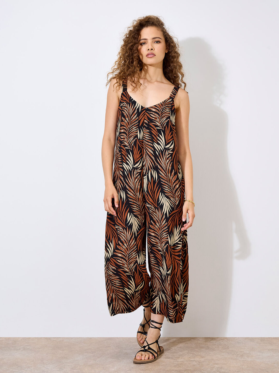 Leaf Print Wide Leg Jumpsuit