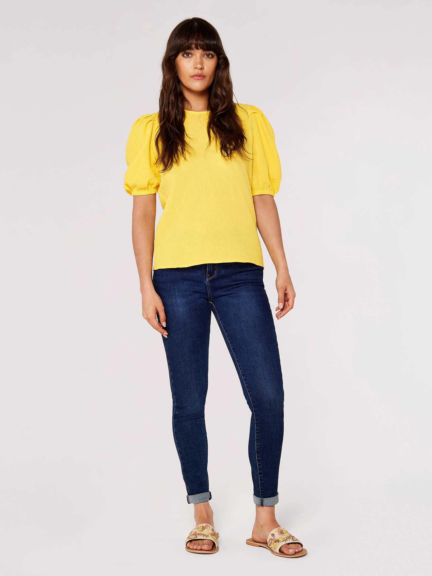 Textured Cotton Puff Sleeve T Shirt Apricot Clothing