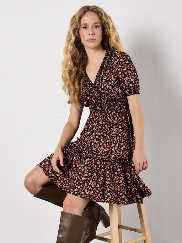 Ditsy Floral Smocked Mini Dress, Orange, large