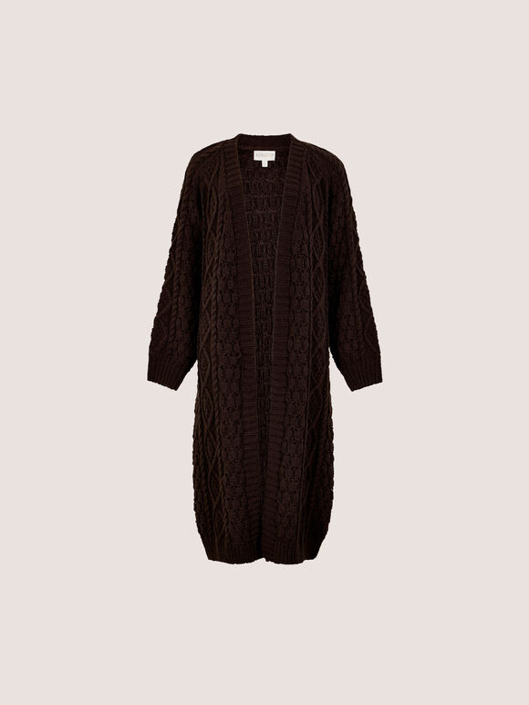 Chunky Cable Knit Longline Cardigan, Brown, large
