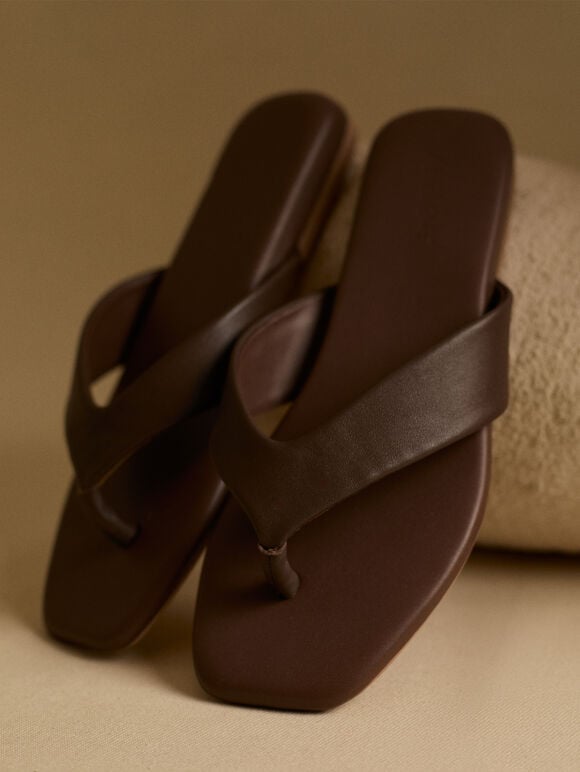 Leather Flip Flops, Brown, large