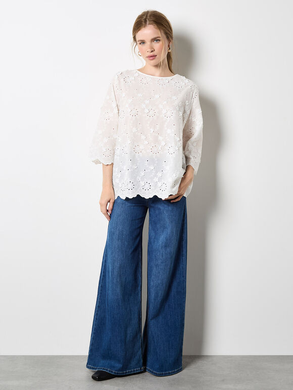 Flower Bell Sleeve Top, White, large