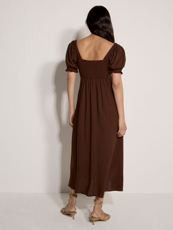 Tie Detail Milkmaid Midaxi Dress, Brown, large