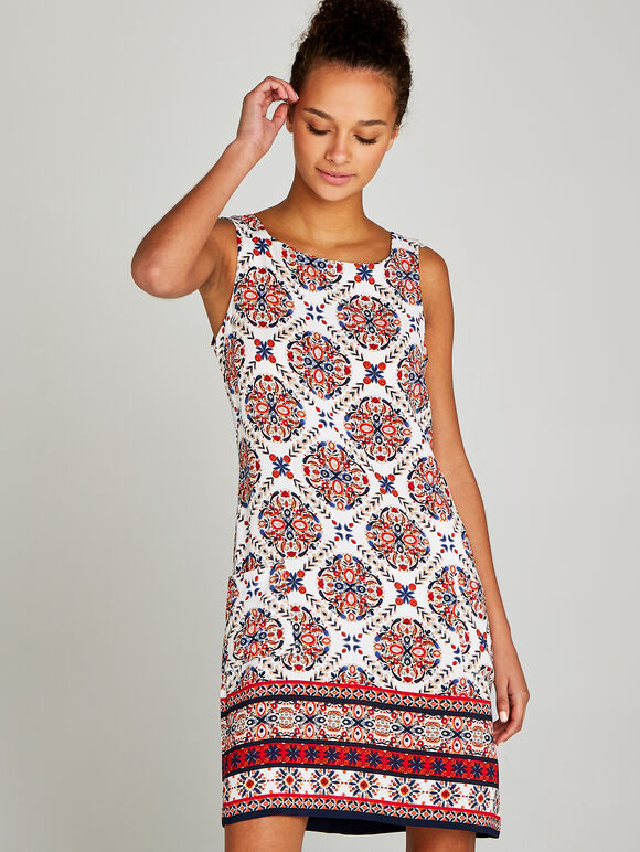 Positano Tile Print Shift Dress, Red, large