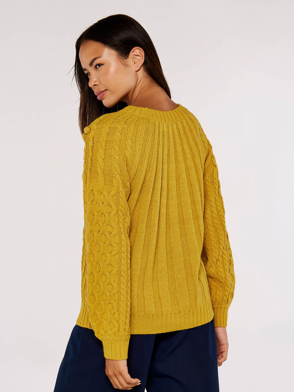 Aran Knit Pom Pom Jumper, Mustard, large