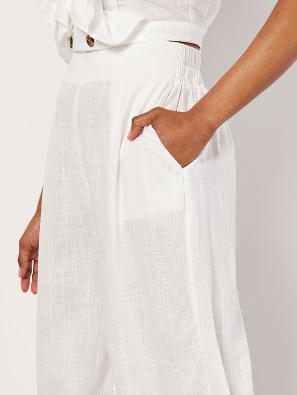 Linen Blend Cropped Palazzo Trousers, White, large