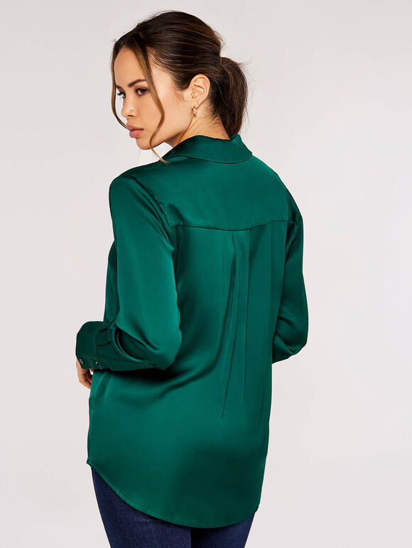Long Sleeve Satin Shirt, Green, large