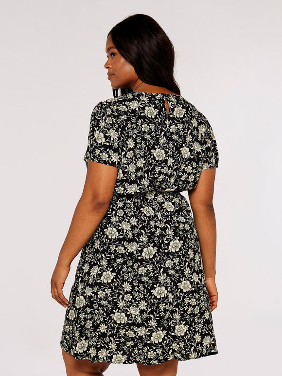 Curve Floral Mini Dress, Black, large