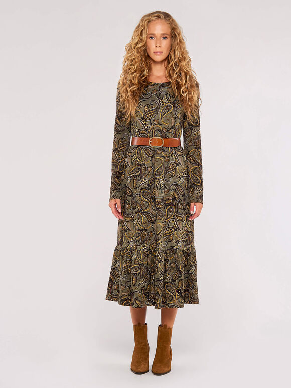 Paisley Tiered  Midi Dress, Khaki, large
