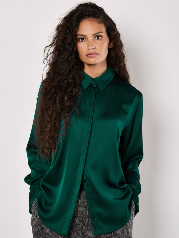 Oversized Satin Shirt, Green, large