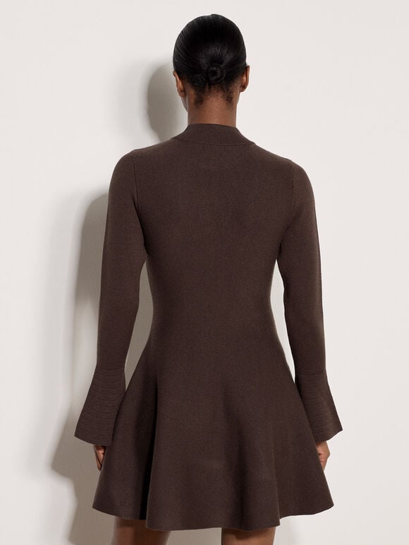 Bell Sleeve Knitted Skater Mini Dress, Brown, large