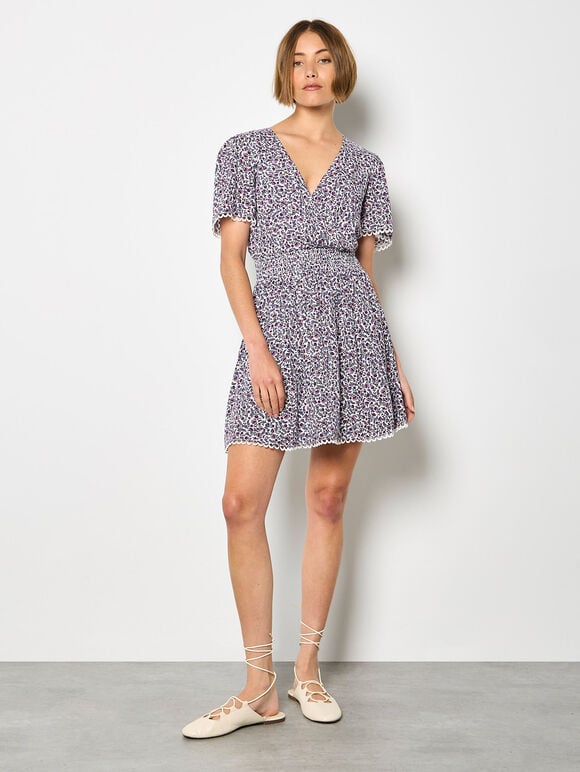 Ditsy Floral Gold Foil Mini Dress, Purple, large