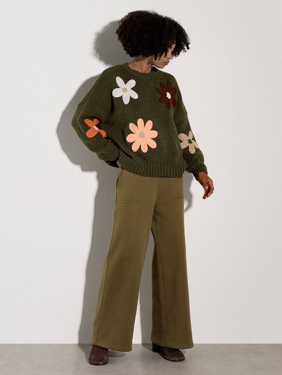 Embroidered Flower Jumper, Pine Green, large