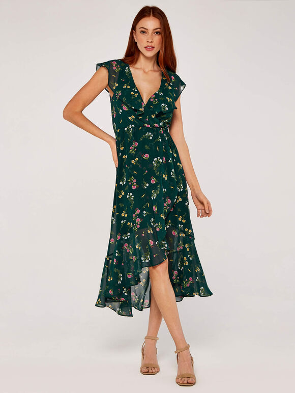 Botanical Wrap Midi Dress, Green, large