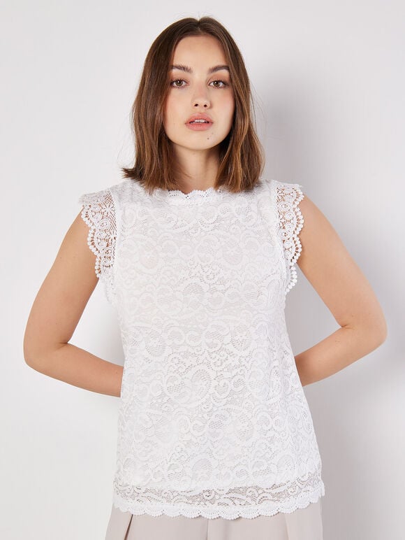 Lace Scallop Hem Blouse, Cream, large