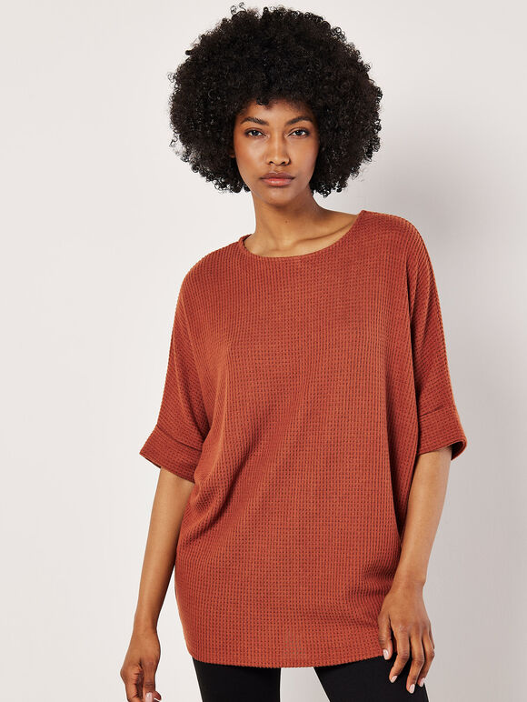 Soft-Touch Batwing Waffle Knit Top, Rust, large