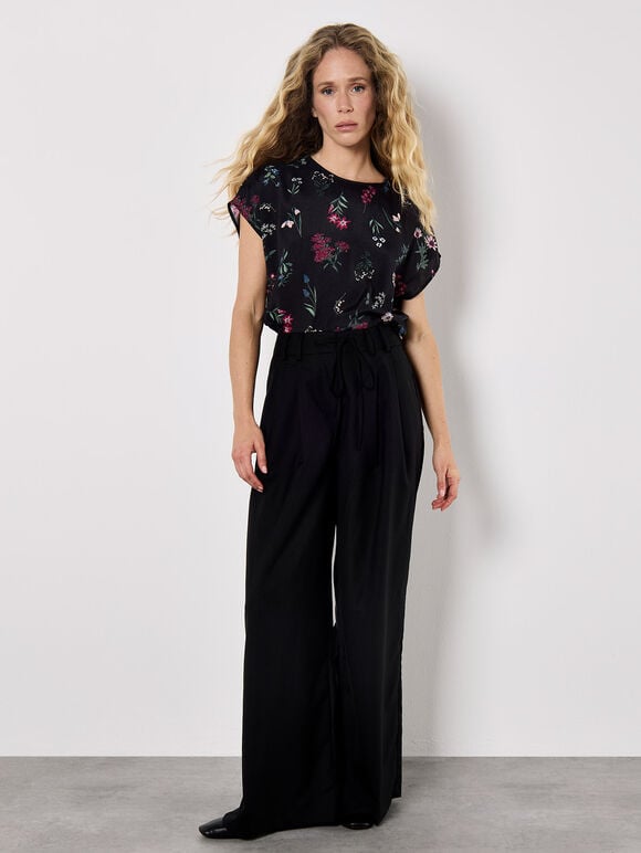 Botanical Floral Print Woven T-Shirt, Black, large