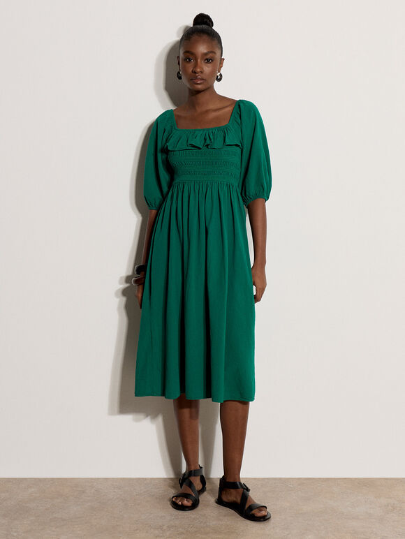 Ruffle Milkmaid Midi Dress, Green, large