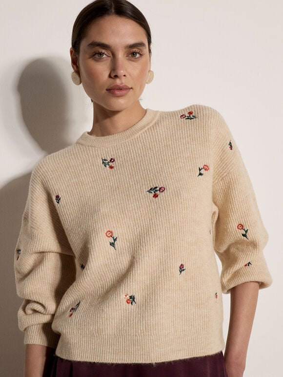 Floral Embroidered Jumper, Stone, large