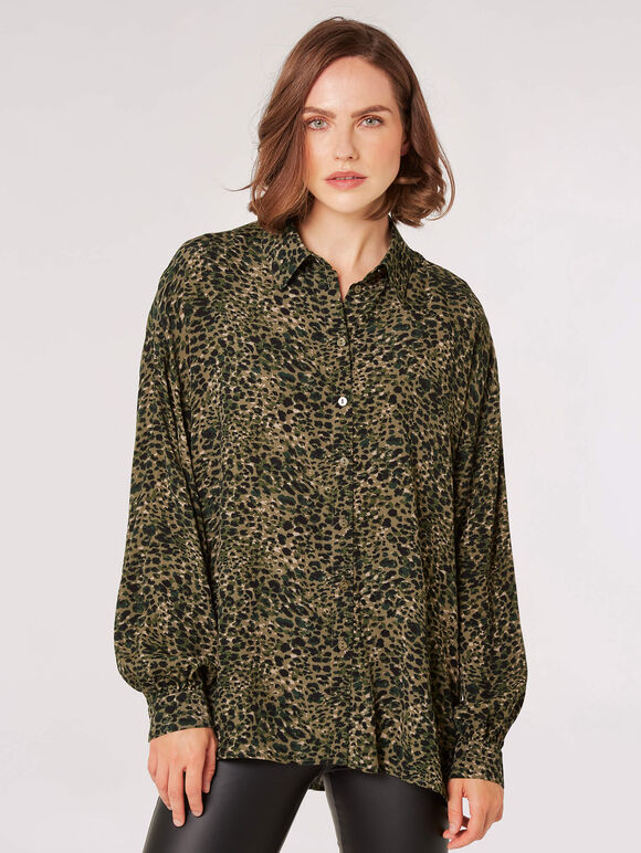 Oversized Animal Print Shirt, Khaki, large