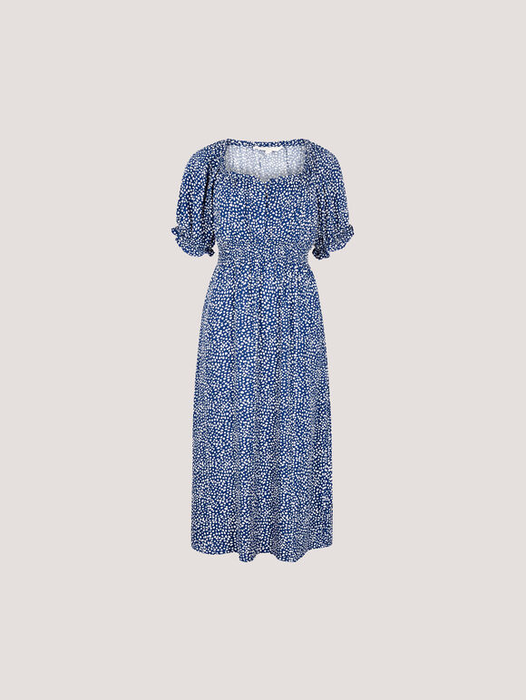 Spot Print Milkmaid Midi Dress, Blue, large