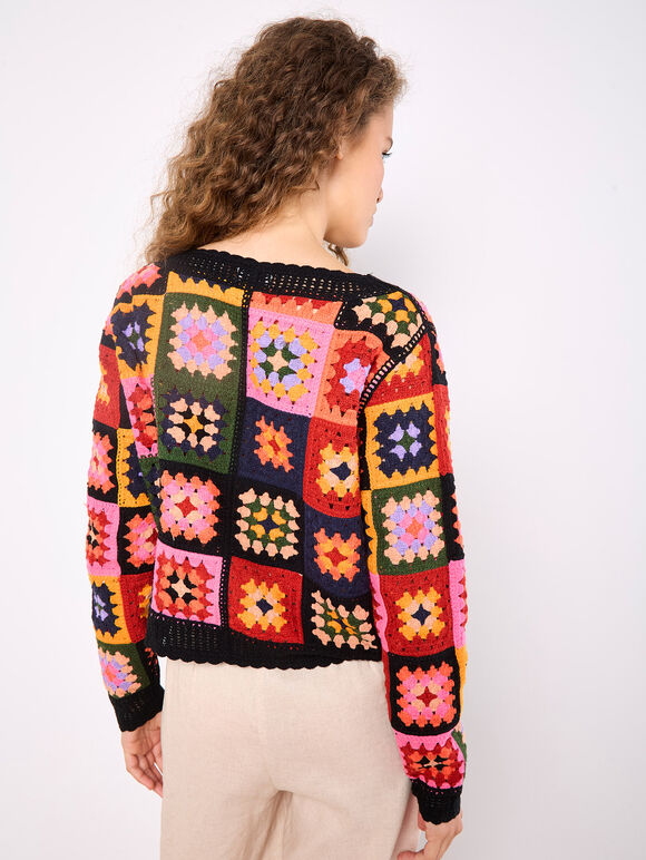 Colourful Crochet Squares Cardigan, Black, large