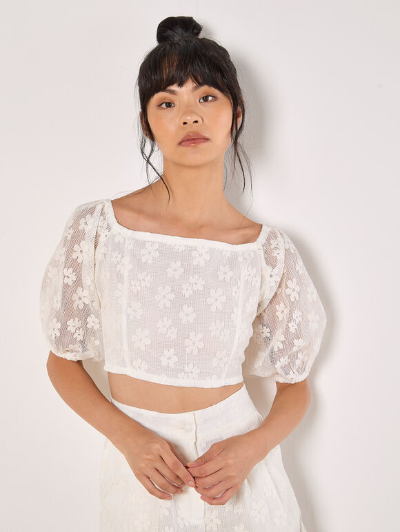 Daisy Mesh Cropped Top, Cream, large