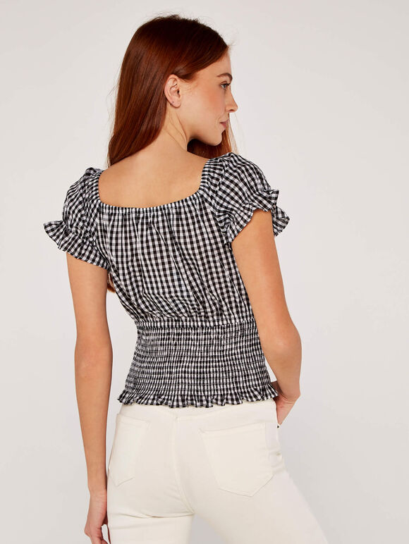 Gingham Smock Detail Top, Black, large