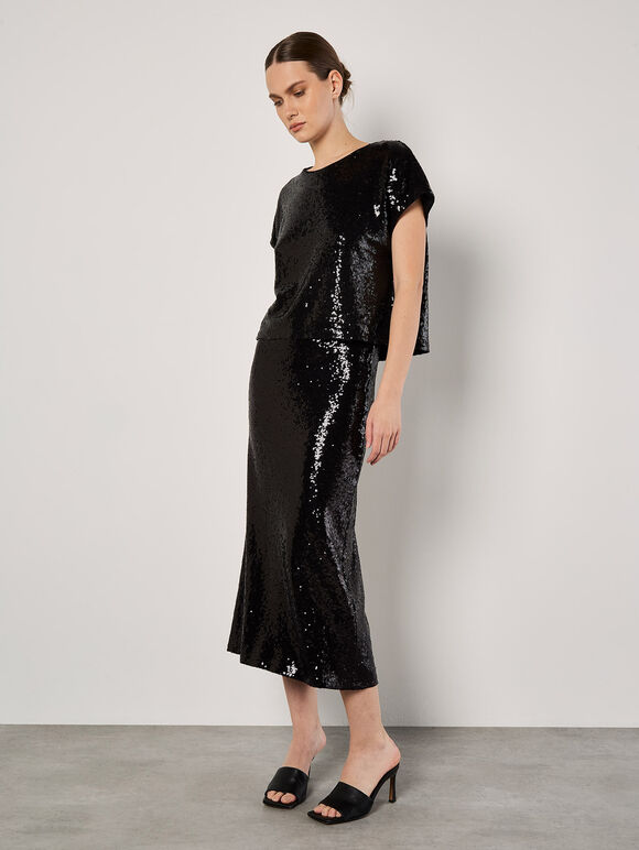 Sequin Bias Cut Midaxi Skirt, Black, large