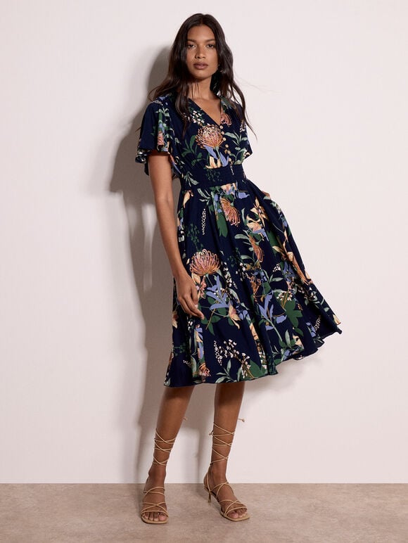 Botanical Floral Smocked Midi Dress, Navy, large