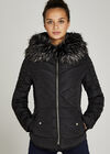 Faux Fur Hood Puffer Jacket, Black, large