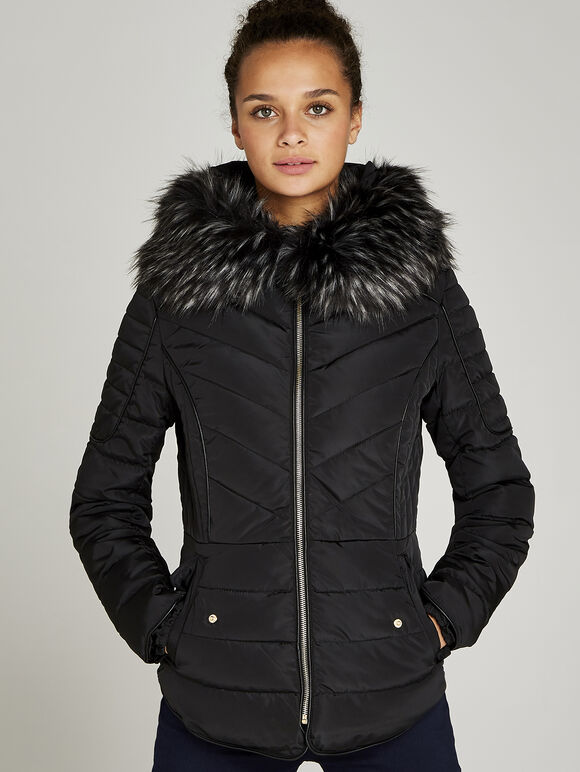 Faux Fur Hood Puffer Jacket, Black, large
