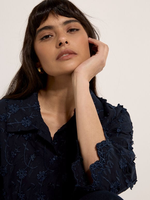 Applique Flowers Cropped Shirt, Navy, large