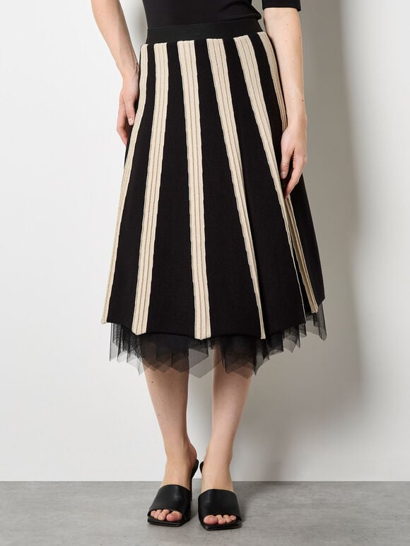 Reversible Tulle Stripe Knit Midi Skirt, Black, large